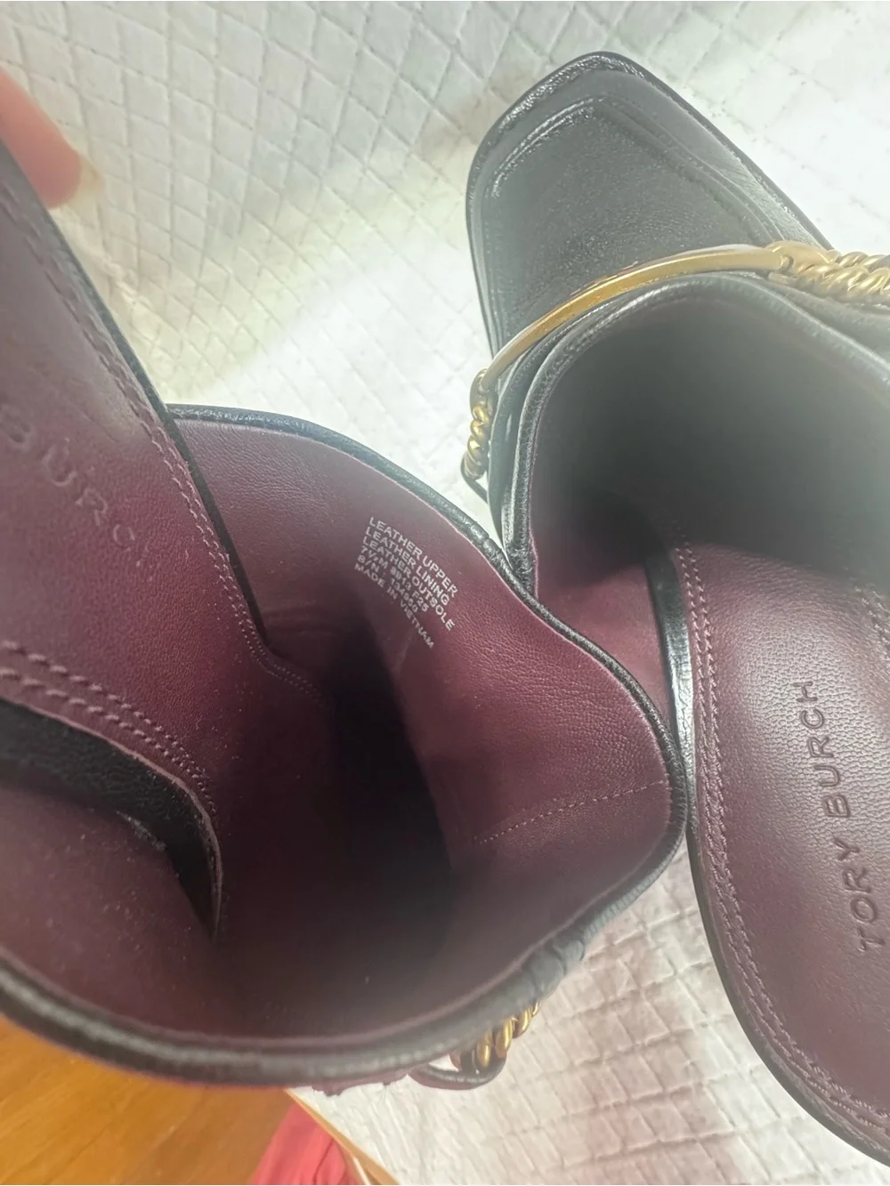 Tory Burch Perrine Black Leather Logo-Trim Block Heel Mules